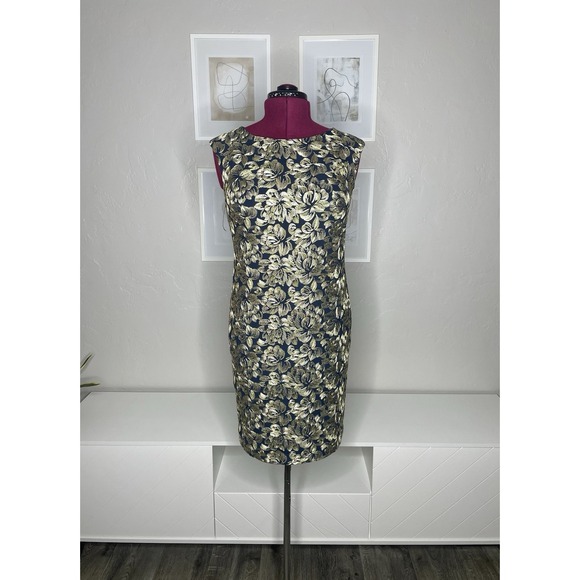 Lauren Ralph Lauren Black Label Dress Women 4 Navy Gold Embroidered Cap Sleeve - Picture 1 of 7